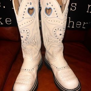 Ariat White Cream with Bling and Blue Stitching Western Cowgirl Boots 7.5